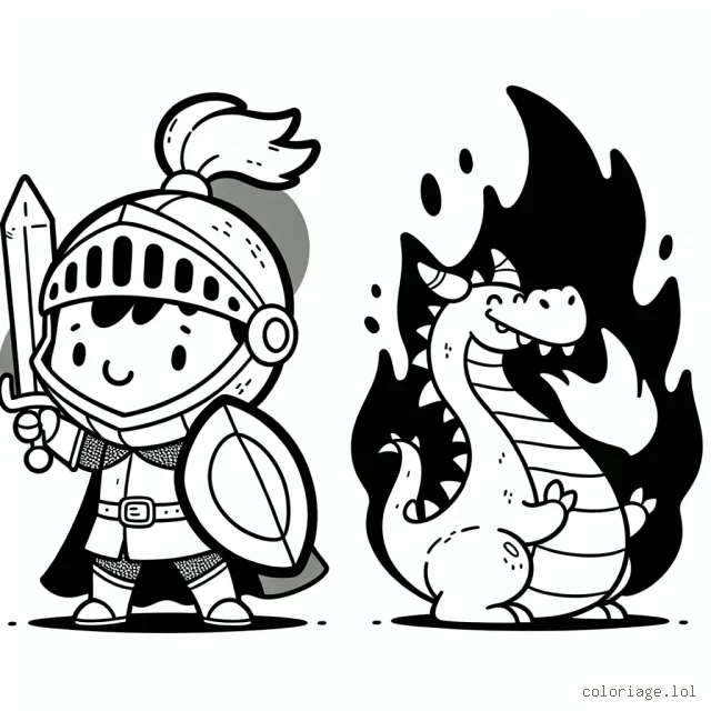 Dessine un petit chevalier courageux protégeant son royaume face à un dragon crachant du feu