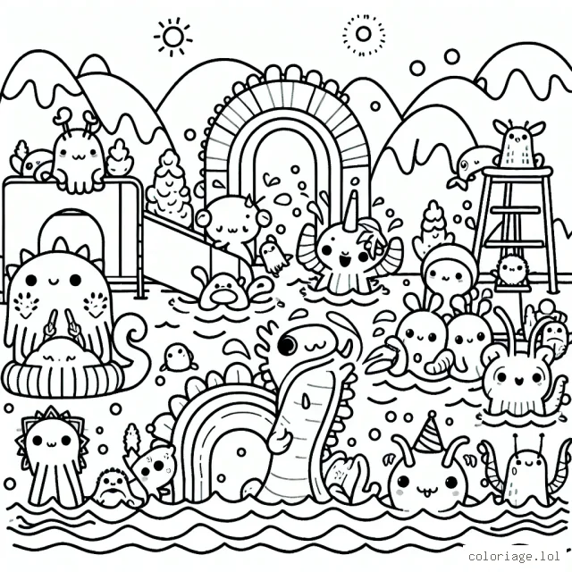 Un parc aquatique rempli d'animaux fantastiques jouant et s'amusant ensemble
