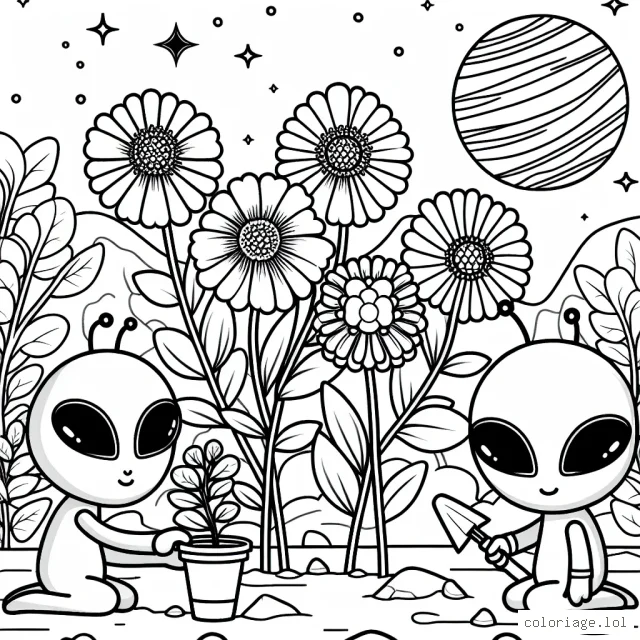 Sur une planète lointaine, deux extraterrestres amicaux plantent un jardin de fleurs spatiales rares et lumineuses.