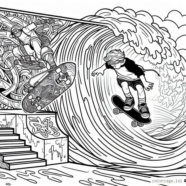 Un skateur audacieux défie la gravité sur une rampe abrupte avec un graffiti coloré en arrière-plan, pendant qu'un surfeur rode sur une immense vague de mer.