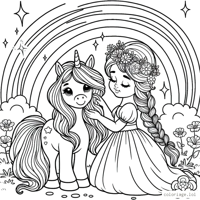 Une princesse aux longs cheveux tressés caressant son poney magique sous un arc-en-ciel étincelant dans un royaume féerique.