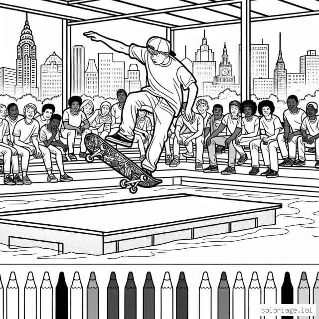 Un skateboardeur exécutant une trick audacieuse sur une rampe d'un skatepark urbain, avec des spectateurs émerveillés en arrière-plan.