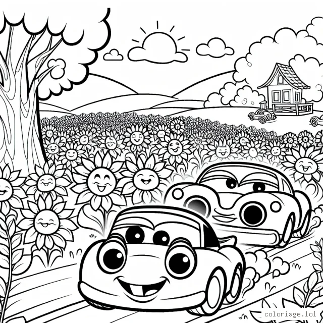 Dessinez une course folle de voitures de dessins animés avec des visages souriants qui roulent à travers des champs de tournesols et passent à côté d'une cabane dans les arbres.