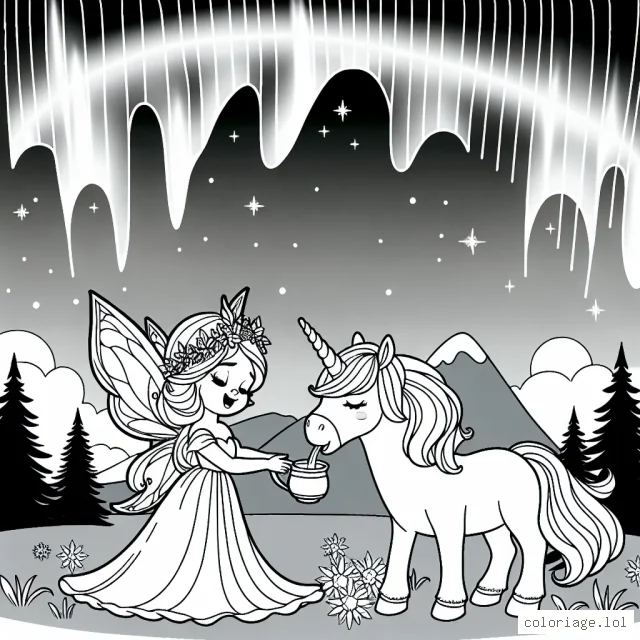 Une princesse féerique qui nourrit une licorne aux aurores boréales