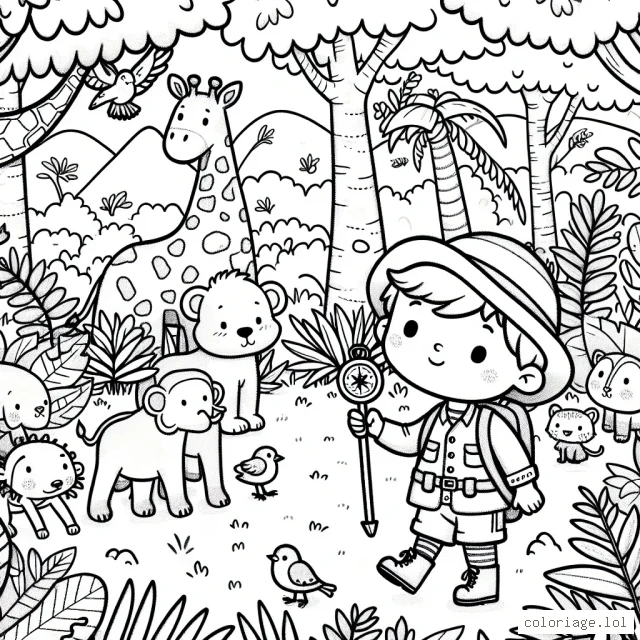 Un petit garçon explorateur dans une jungle pleine d'animaux sauvages