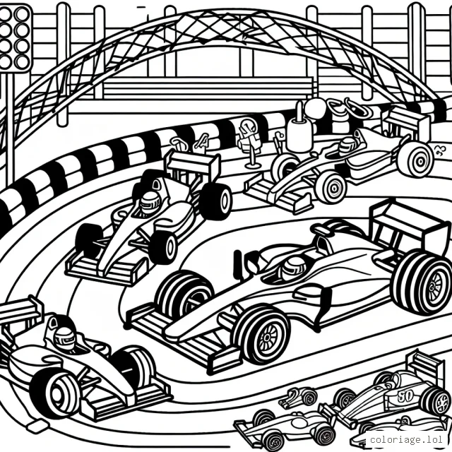 Un circuit automobile avec des voitures de course diverses en pleine compétition.