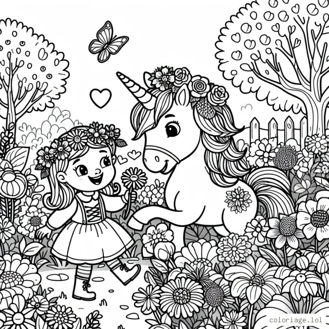 Un magnifique jardin de fleurs avec une licorne et une petite fille qui joue avec.