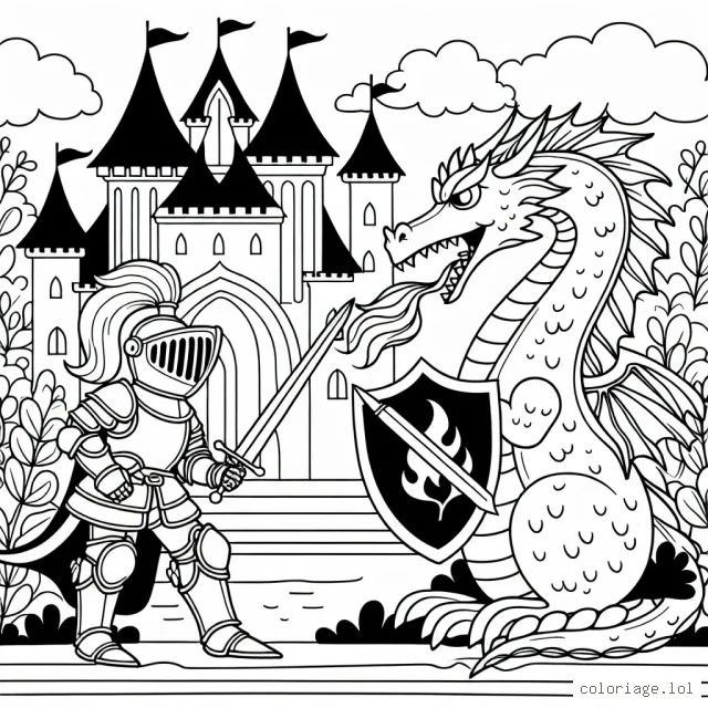 Dessine un chevalier en acier titane déjouant un dragon feu de couleur émeraude devant le château magique de la reine des fées.
