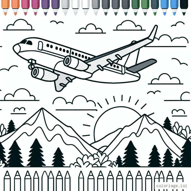 Dessine et colorie un avion de ligne volant au-dessus d'un paysage montagneux, avec le soleil couchant en arrière-plan.