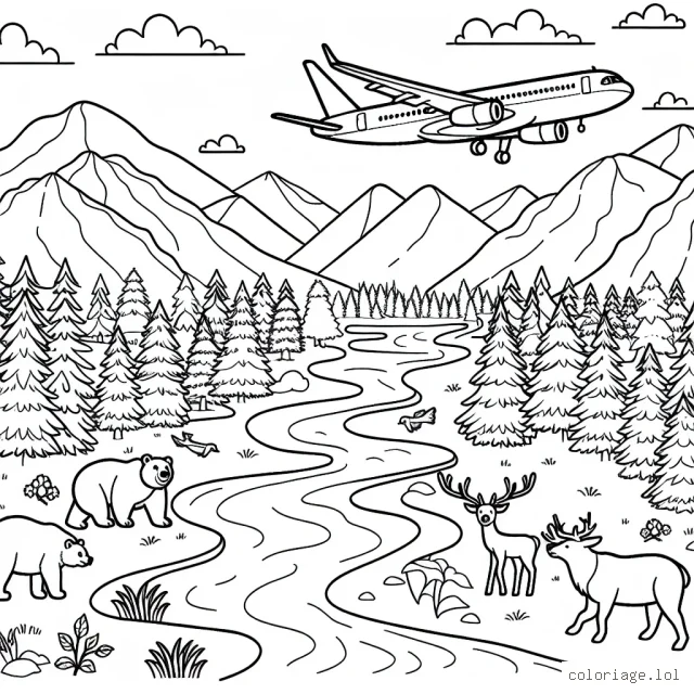 Un avion survolant un paysage naturel composé de grandes montagnes et de rivières sinueuses, avec des animaux sauvages comme des ours et des cerfs dans la forêt en dessous.