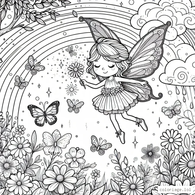 Un dessin détaillé d'une petite fée aux ailes scintillantes volant dans un jardin enchanté, entourée de papillons, de fleurs multicolores et d'un arc-en-ciel.