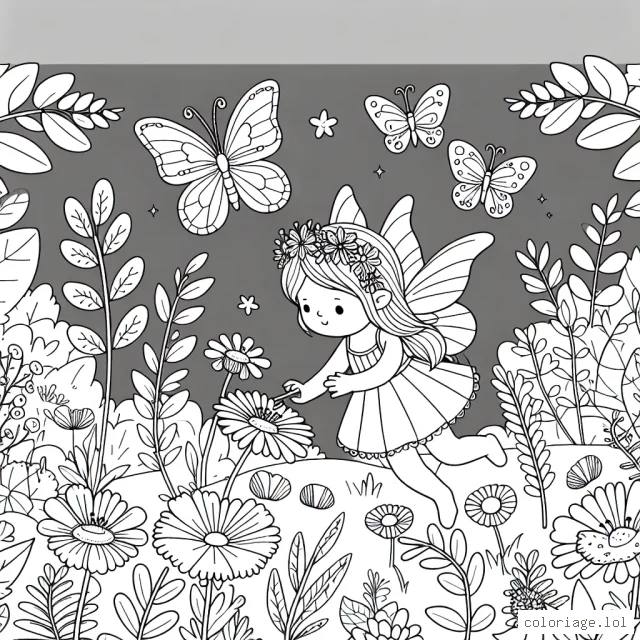 Dessine une petite fée curieuse qui explore un jardin luxuriant de fleurs sauvages, entourée de ses amis papillons colorés.