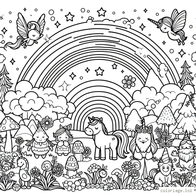 Un univers fantastique rempli de créatures mignonnes comme des licornes, des fées et des lutins vivant sous un arc-en-ciel coloré.