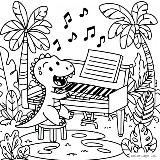 Un dinosaure jouant du piano dans une jungle tropical
