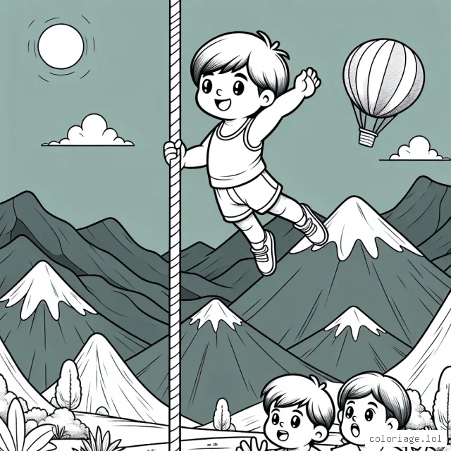 Dessine un jeune athlète faisant du saut à la perche sur les montagnes, avec une montgolfière dans le ciel et des spectateurs surpris