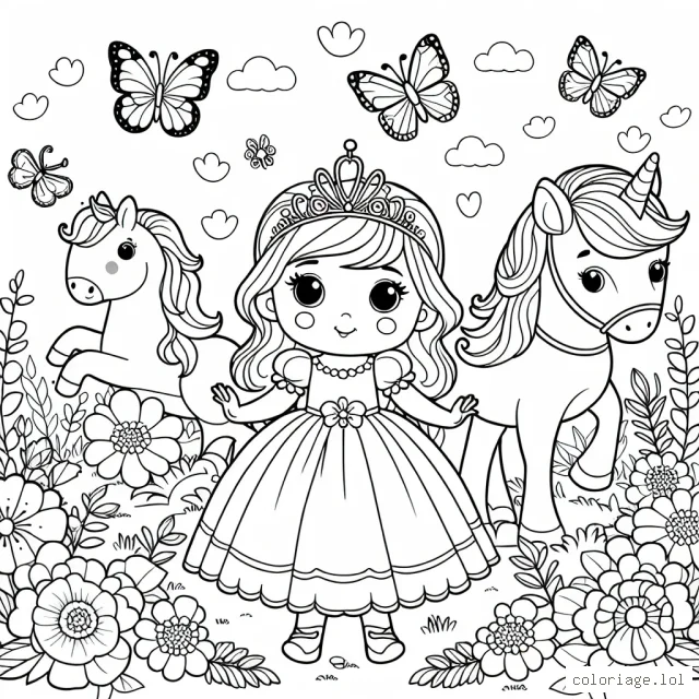 Une princesse dans un jardin de fleurs enchantées, accompagnée par un petit cheval et un papillon