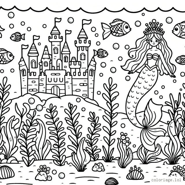 Un royaume sous-marin avec de nombreux poissons colorés, des algues dansantes, un château de corail et une sirène royale.