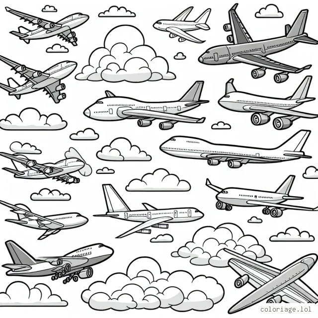 Un ciel peuplé d'avions volant gracieusement au-dessus des nuages. Sur cette image, il y a différents types d'avions : de l'avion à réaction, l'avion d'hélice à l'avion cargo. Chaque avion a sa propre forme unique et des détails intéressants