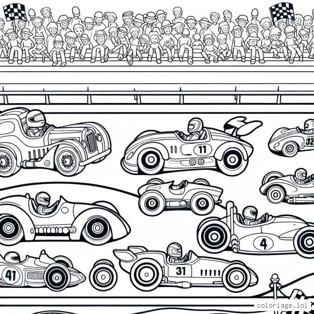 Un circuit de course animé où des voitures de différentes formes et tailles se font concurrence. Il y a des voitures de sport, des voitures anciennes, des voitures futuristes, et même des voitures fantaisie comme une voiture cerise et une voiture arc-en-ciel. Les voitures sont alignées sur la ligne de départ, prêtes à décoller, pendant que la foule dans les gradins les acclame avec enthousiasme.