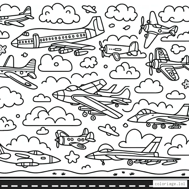 Un ciel rempli d'avions différents allant du biplan au jet supersonique, avec un arrière-plan de nuages amusants et une piste d'atterrissage bien dessinée.