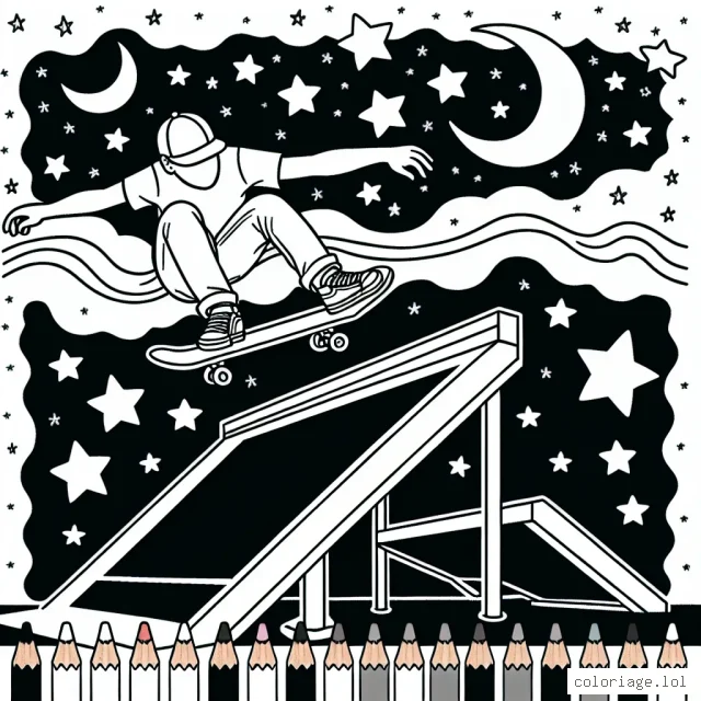 Dessine un parc de skate professionnel avec un skateur faisant un saut impressionnant au-dessus d'une rampe, sous un ciel étoilé.