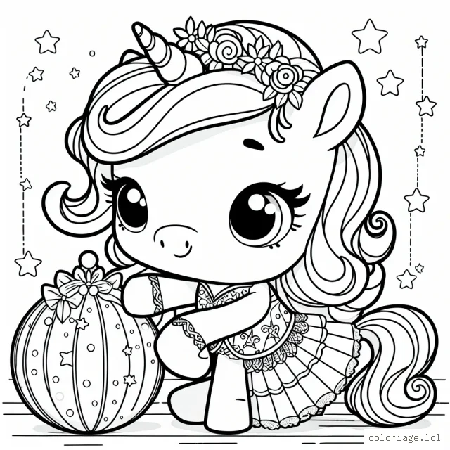 Une petite licorne coquette se prépare pour le grand bal des étoiles.