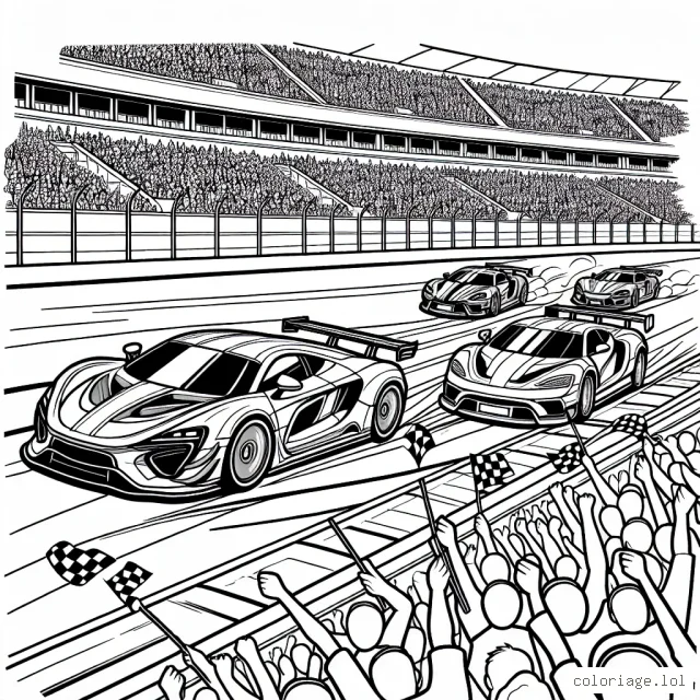 Dessine une course palpitante entre des voitures sportives sur une piste de course entourée d'une foule en délire