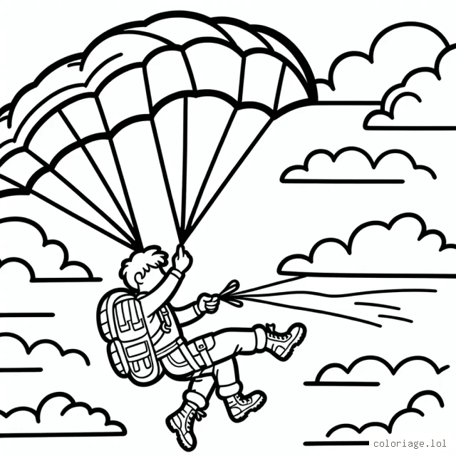 Un aventurier en plein saut en parachute dessiné en noir et blanc pour votre coloration.
