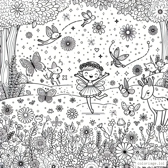 Dessine une petite fée qui danse joyeusement dans une clairière fleurie entourée d'animaux de la forêt émerveillés par sa gaieté. Amuse-toi à colorier cette scène pétillante de vie et de bonheur.