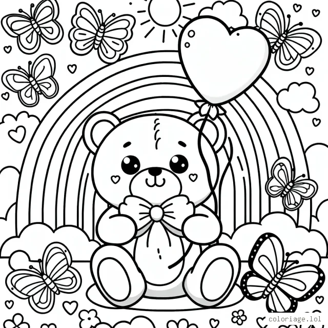 Un bel ours en peluche assis sur un arc-en-ciel, entouré de papillons colorés et tenant un ballon en forme de coeur.
