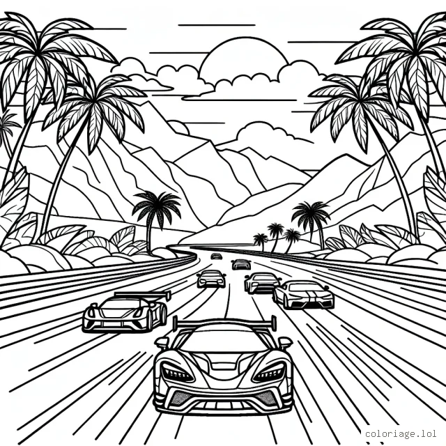 Dessine une course effrénée de voitures de sport sur une piste sinueuse, entourée de palmiers imposants et de montagnes lointaines sous un ciel ensoleillé. N'oublie pas de peindre les voitures très colorées !