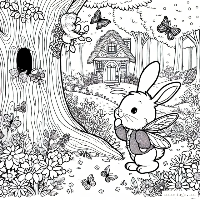 Un petit lapin curieux explore une forêt enchantée garnie de fleurs colorées et de papillons volants. Il est surpris de découvrir la maison d'un lutin cachée derrière un grand chêne.