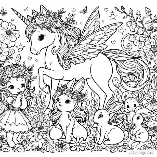 Imaginez un jardin enchanté peuplé de jolies fées, de doux lapins, de belles fleurs et d'une licorne ailée