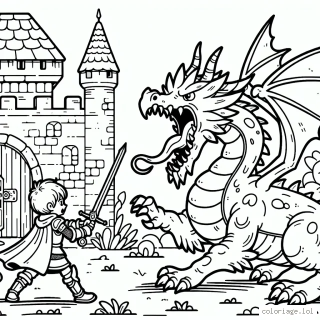 Un jeune chevalier courageux en plein combat avec un dragon cracheur de feu près d'un château fort