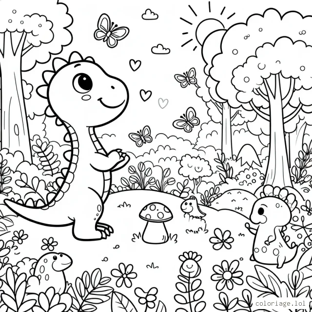 Un petit dinosaure joyeux et curieux se promène dans une forêt enchantée, découvrant de drôles de créatures et de plantes colorées.