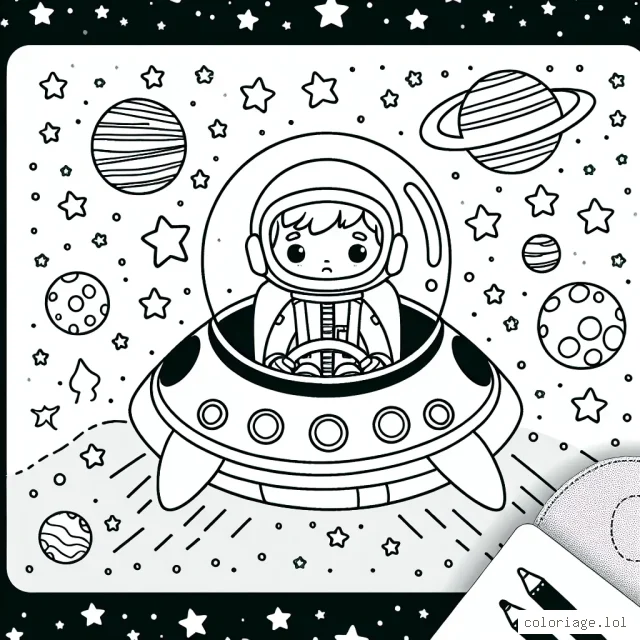 Un jeune aventurier dans son petit vaisseau spatial voyageant autour de la galaxie, découvrant des étoiles, des planètes et des extraterrestres amicaux