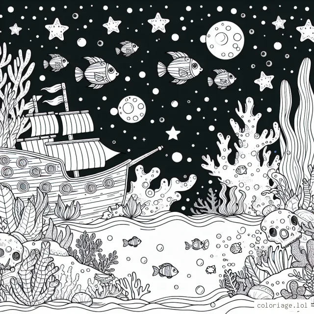 Un paysage sous-marin fantastique rempli de poissons colorés, de coraux brillants, d'une épave de bateau pirate mystérieuse et d'un trésor scintillant caché.