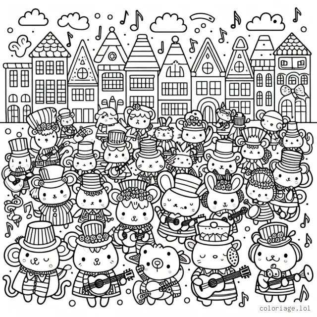 Imagine une ville peuplée de petits animaux musiciens vêtus de vêtements colorés.