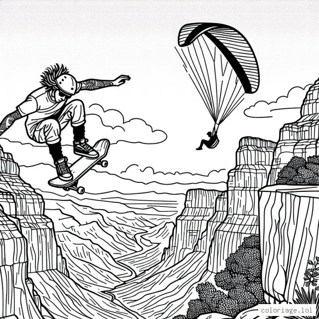 Une scène acrobatique époustouflante où une skateboarder audacieuse réalise un saut impressionnant par-dessus un canyon rocheux, pendant qu'un parapentiste survole le paysage