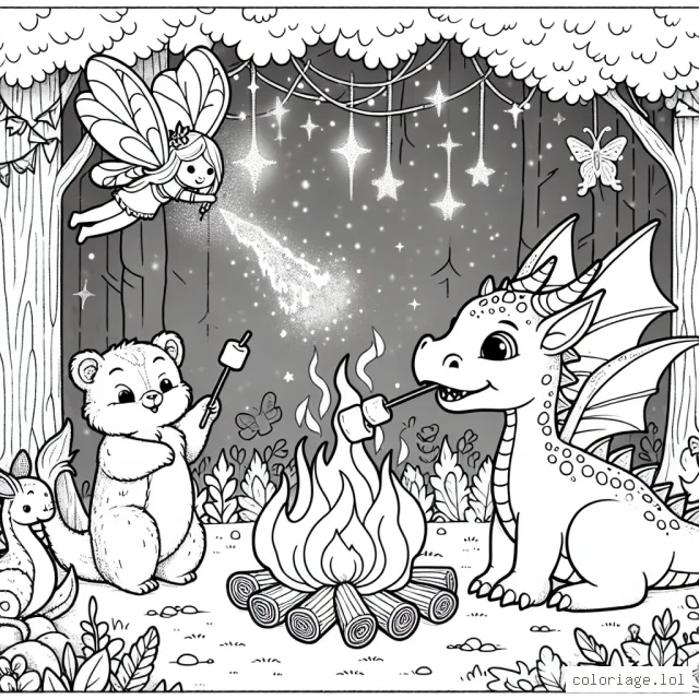Tout près d'une forêt enchantée, un petit dragon amical crache du feu pour griller des marshmallows avec ses amis les animaux de la forêt, tandis qu'une gentille fée vole autour de lui en distribuant de la poussière de fée scintillante.