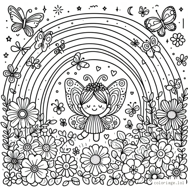 Un magnifique jardin féerique plein de fleurs, de papillons et d'un fantastique arc-en-ciel en arrière-plan