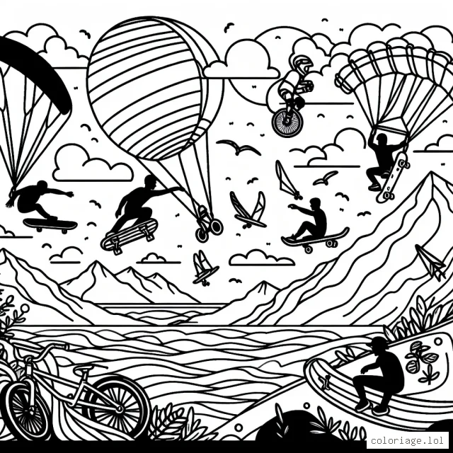 Imaginez un paysage passionnant de sports extrêmes. Vous pouvez ajouter des athlètes pratiquant du skateboard, du BMX, du surf, du parapente et de l'escalade. N'oubliez pas d'inclure des détails intéressants comme les montagnes, les vagues de l'océan, le vent et le ciel. La scène doit ressembler à une fête de sports extrêmes sous un ciel clair. Amusez-vous à peindre la scène avec vos couleurs préférées.