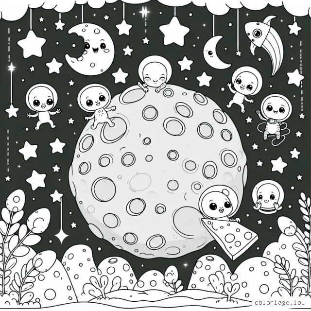 Une aventure spatiale joyeuse avec des extraterrestres jouant à cache-cache sur une lune en forme de fromage soufflante au milieu des étoiles fluorescentes