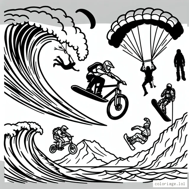 Sur cette page à colorier, on trouve des surfeurs qui essaient de dompter de grandes vagues, des parachutistes en plein vol et des snowboarders qui exécutent des figures spectaculaires. Nous voyons aussi des athlètes de BMX effectuant des virages aériens et des grimpeurs se balançant de roche en roche.