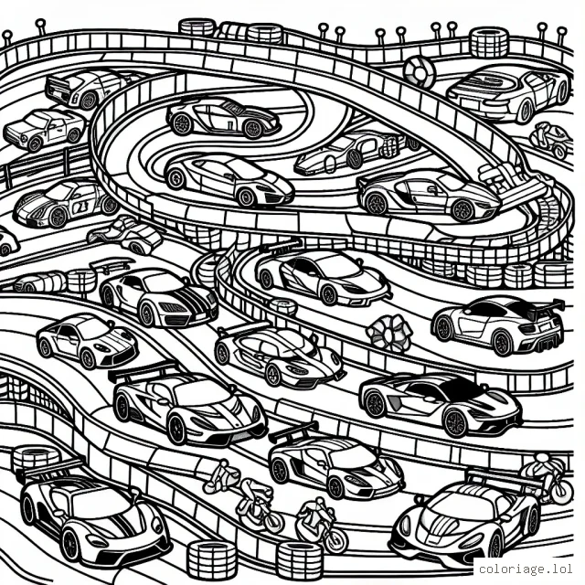 Un circuit de courses animé où se côtoient différentes voitures sportives, chacune avec des détails uniques, sur une piste sinueuse.
