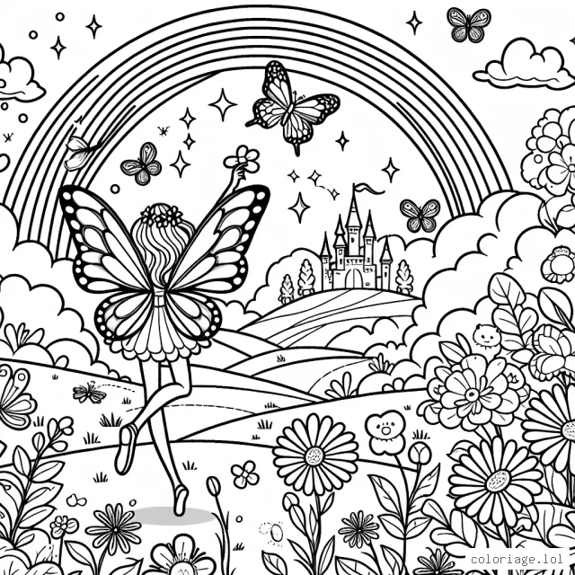 Imagine une scène avec une fée qui danse dans une clairière entourée de papillons multicolores, de fleurs lumineuses et d'un arc-en-ciel dans le ciel. Dessine également un mystérieux château lointain caché parmi les nuages.