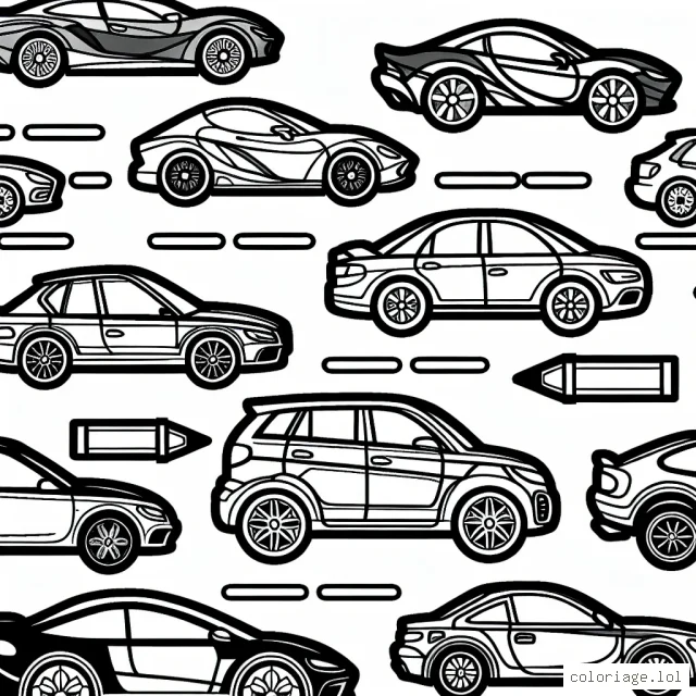 Crée un coloriage sur les voitures par marque. Imagine une route avec des voitures de différentes marques, de différentes formes, tailles et designs.