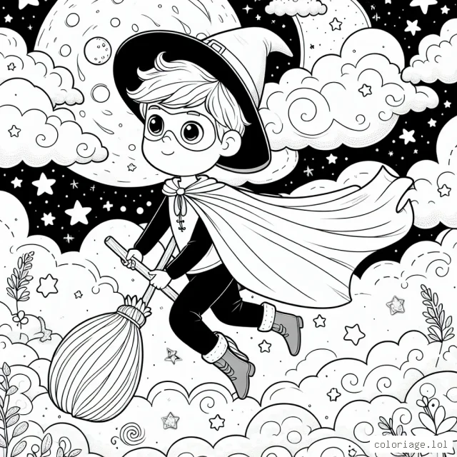 Un jeune super-héros vole vers le ciel étoilé, armé de son balai magique. Il est habillé d'une cape fluide et porte un chapeau pointu avec une écharpe volant au vent. Autour de lui se trouvent des nuages foisonnants, une lune rêveuse, des étoiles scintillantes et de mystérieuses créatures célestes.