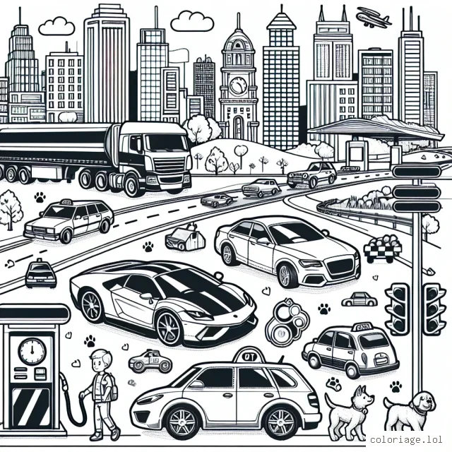 Dessine des voitures de différents types comme une voiture de sport, une voiture familiale, un camion, un taxi, dans un paysage urbain animé. Inclut également une station d'essence, des feux de circulation, des piétons et des chiens.
