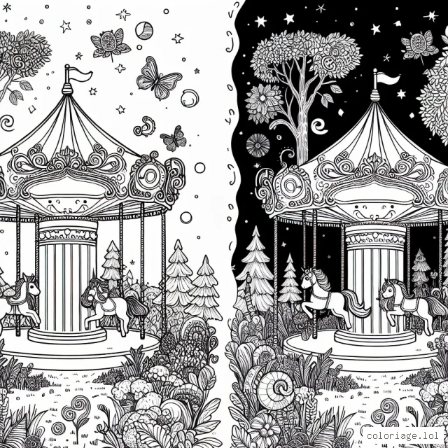 Un carrousel enchanté dans une foret féerique rempli de créatures magiques
